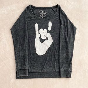 CHASER rock n roll dark grey scoop neck long sleeve shirt
